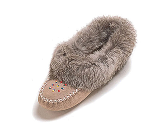 Women's Grey Suede Beaded Moccasins With Rabbit Fur Trim