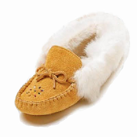 Womens Moose Hide Suede Beaded Moccasins With Rabbit Fur Trim