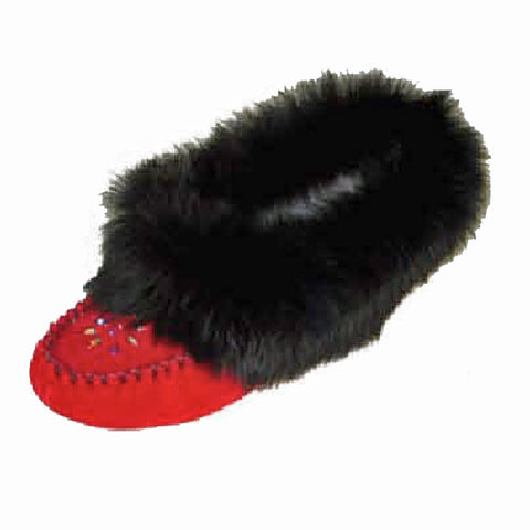 Women's Red Suede Beaded Moccasins With Rabbit Fur Trim