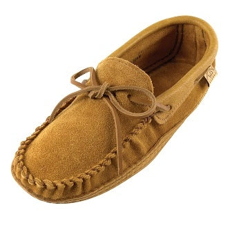 Men's dark tan suede moccasins with cork moosehide trim