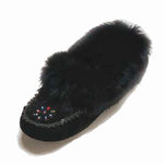 Women's Black Suede Beaded Moccasins With Rabbit Fur Trim