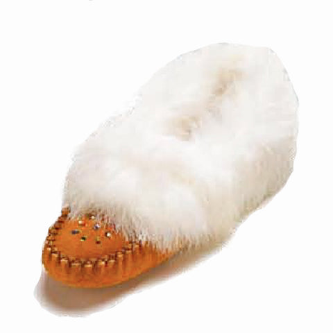 Women's Dark Tan Suede Beaded Moccasins With Rabbit Fur Trim
